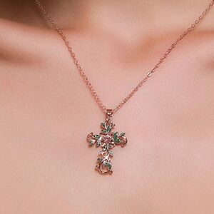Flowers Cross Necklace Temperament Encrusted With Diamond Leaves